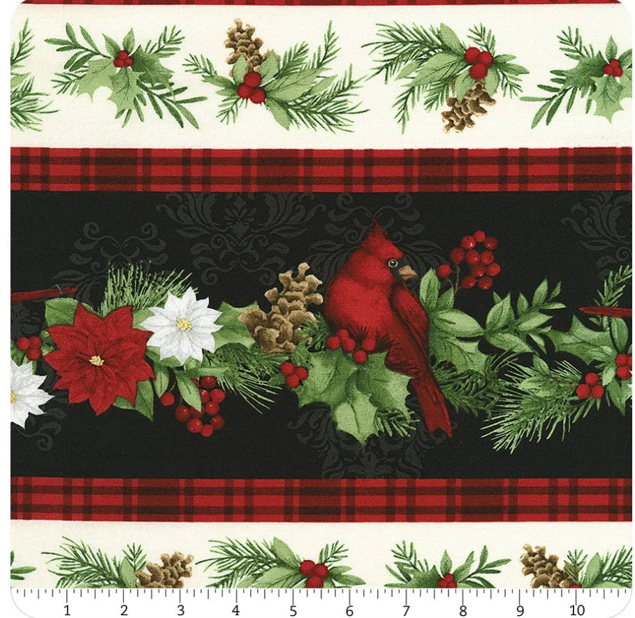 Cardinal Charm Repeating Border Black Susan Winget Wilmington Prints Cotton Fabric WP-3023-39927-139
