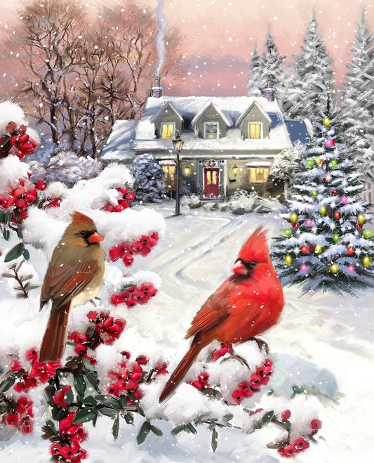 Cardinals Pair Snow Christmas Tree Panel 36" David Textiles Cotton Fabric