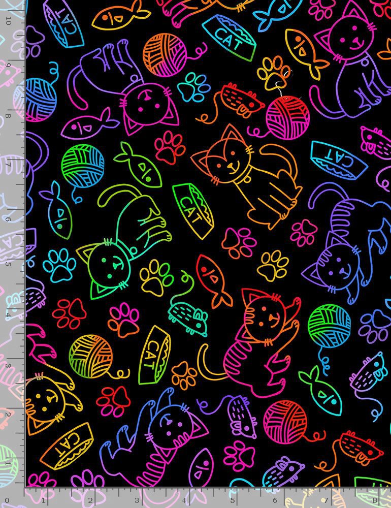 Cat Mouse Rainbow Neon Outline Love my cat Doodles Writing Bright Timeless Treasures Cotton Fabric