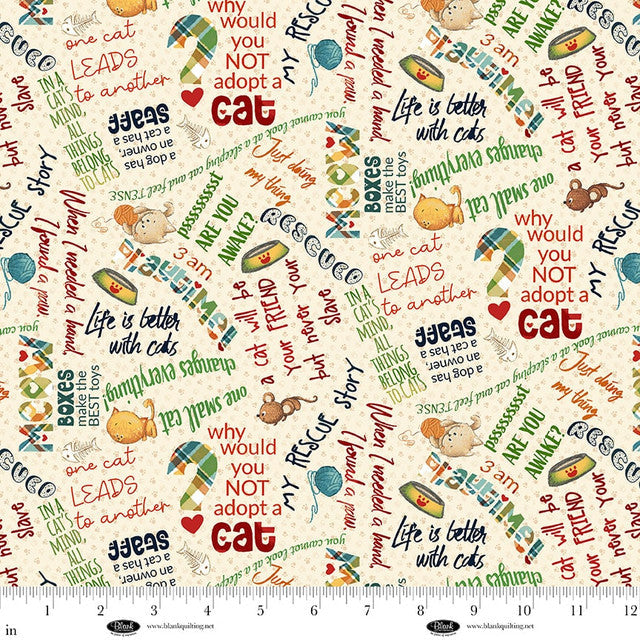 Cat Hair Don't Care Words Ivory Nidhi Wadhwa Blank Quilting Cotton Fabric BQ-4427-44