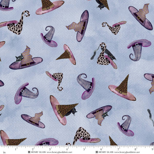 Cat House Witch Hats and Cats Slate Blue Grey Mayo Moreno Henry Glass Cotton Fabric HG-2596-79