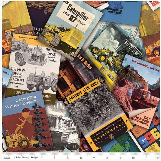 Caterpillar 100 Years Construction Equipment Brochures Multi Licensed Riley Blake Cotton Fabric RB-CD16725-MULTI