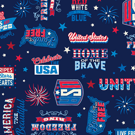 Celebrate the USA Let's Celebrate Words Navy Kanvas Studio Benartex Cotton Fabric BE-15199-56