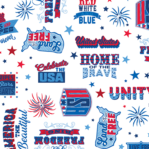 Celebrate the USA Let's Celebrate Words White Kanvas Studio Benartex Cotton Fabric BE-15199-09
