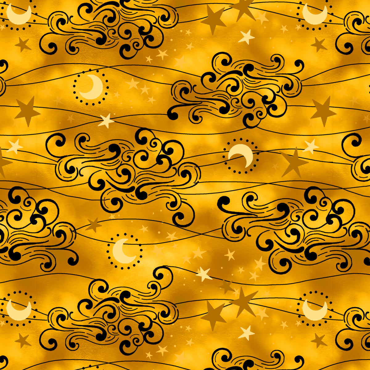 Celestial Galaxy Clouds, Moons and Stars Yellow Color Pop Studio Blank Quilting Cotton Fabric