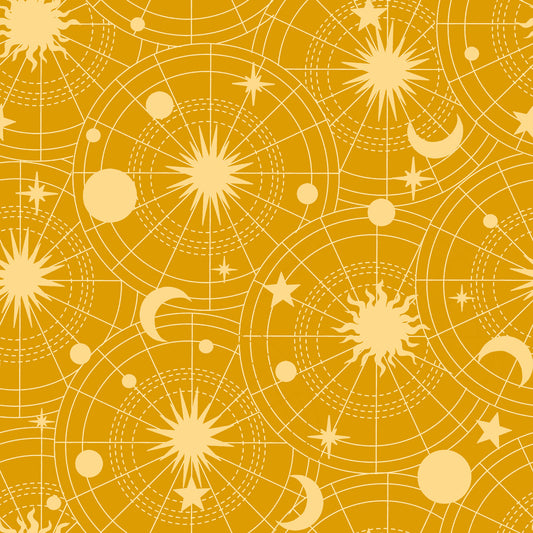 Celestial Galaxy Linear Stars and Moons Tonal Yellow Color Pop Studio Blank Quilting Cotton Fabric