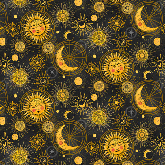 Celestial Galaxy Moons, Suns and Stars Charcoal Black Color Pop Studio Blank Quilting Cotton Fabric