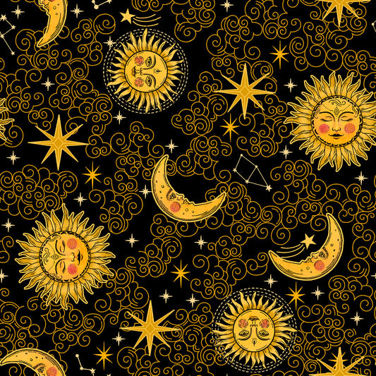 Celestial Galaxy Stars, Suns, Moons and Clouds Black Color Pop Studio Blank Quilting Cotton Fabric