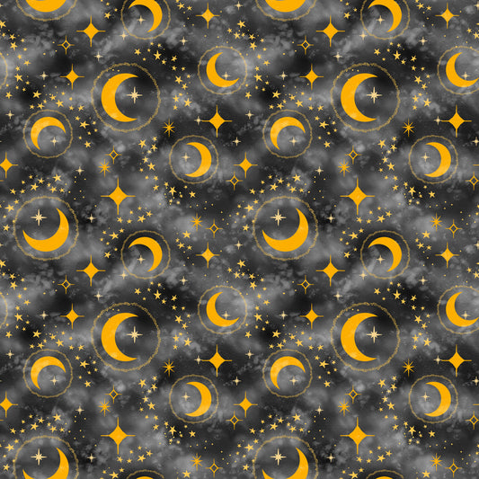 Celestial Galaxy Tossed Crescent Moons and Stars Charcoal Black Color Pop Studio Blank Quilting Cotton Fabric