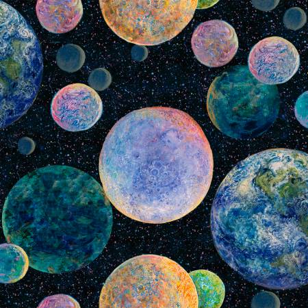 Celestial Journey Planets and Stars Black Josephine Wall 3 Wishes Fabrics Cotton Fabric