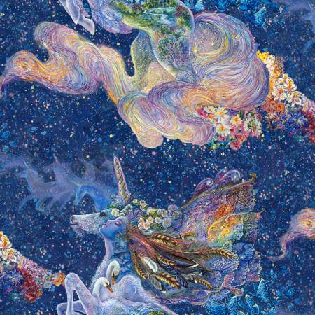 Celestial Journey Unicorn Navy Josephine Wall 3 Wishes Quilting Cotton Fabric