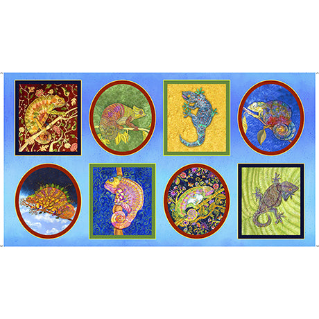 Colorful Chameleons Picture Patches Blue Panel 24” Nancy Moore Quilting Treasures Cotton Fabric