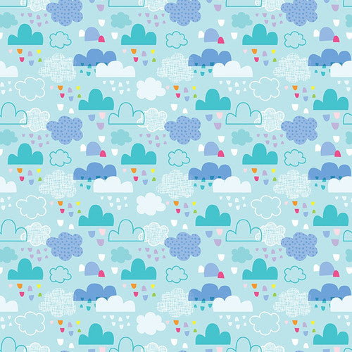 Chasing Rainbows Clouds and Rain Blue Emily Dumas Henry Glass Cotton fabric