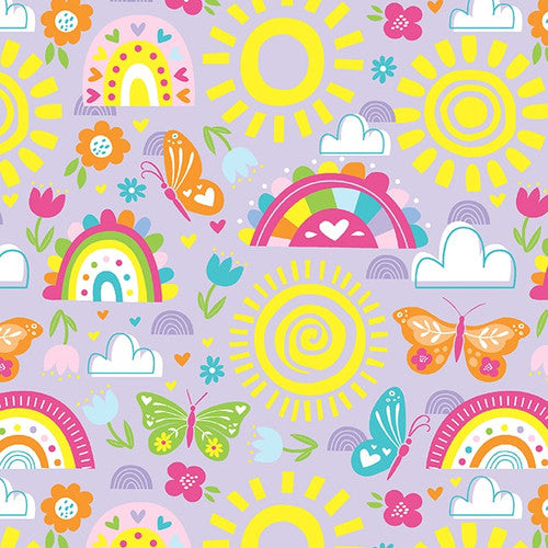 Chasing Rainbows Suns, Rainbows and Butterflies Lavender Emily Dumas Henry Glass Cotton fabric