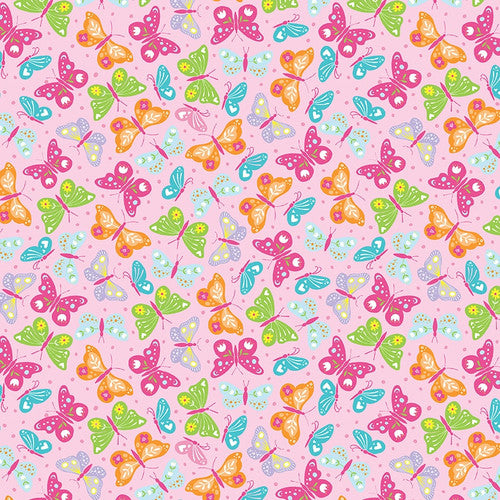 Chasing Rainbows Tossed Butterflies Pink Emily Dumas Henry Glass Cotton fabric