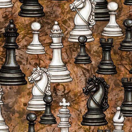 Checkmate Large Chess Pieces Brown Dan Morris Quilting Treasures Cotton Fabric