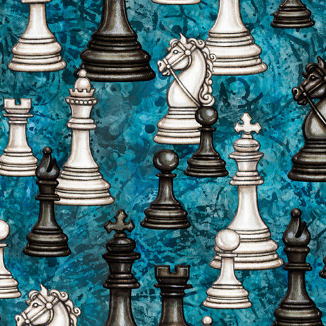Checkmate Large Chess Pieces Turquoise Dan Morris Quilting Treasures Cotton Fabric