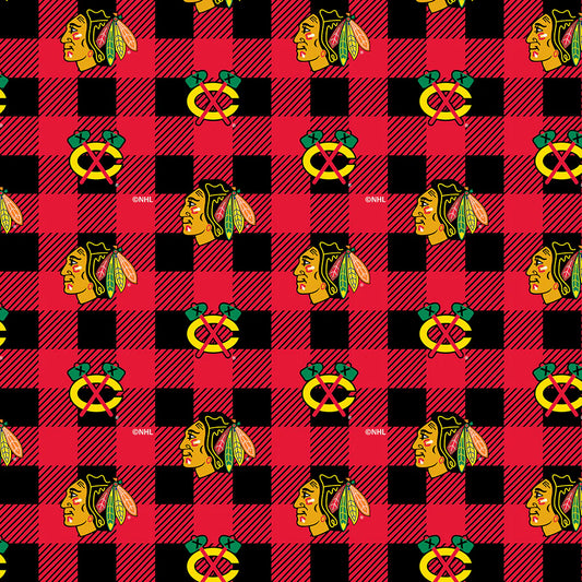 Chicago Blackhawks NHL Hockey Buffalo Plaid Sykel Enterprises Polyester FLEECE Fabric NHL-1190-BLK