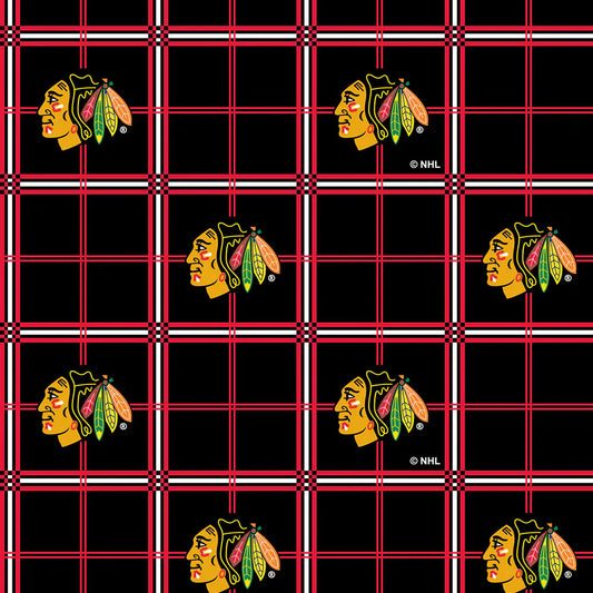 Chicago Blackhawks NHL Hockey Plaid FLANNEL Sykel Enterprises Cotton Fabric NHL-023-BLK