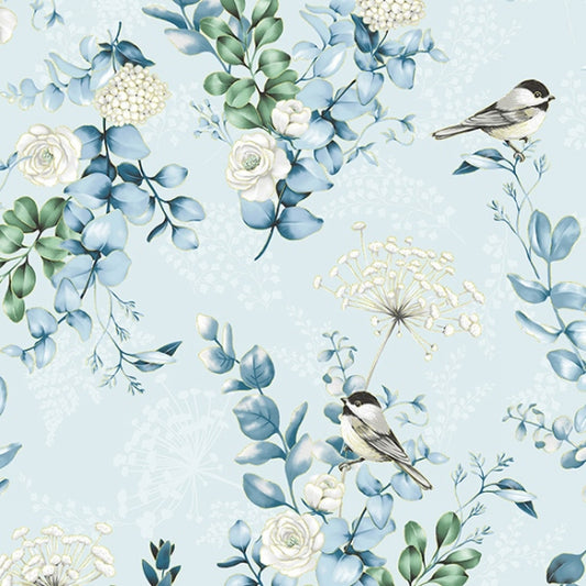 Chickadee Cheer Floral Bird Dusty Blue Gold Metallic Hoffman Cotton Fabric