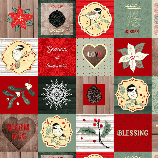 Chickadee Christmas Choir 6” Blocks Poinsettia Word Berries Bird Holiday Lucie Crovatto Studio E Cotton Fabric