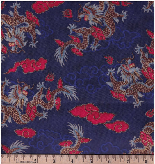 Chinese Dragons China Doll Navy Blue Red Hoffman Cotton Fabric HF-D915-Navy Red