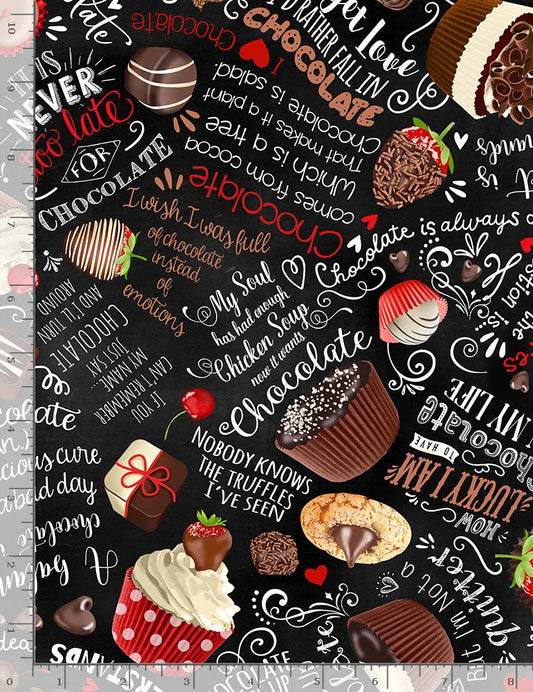 Chocolate Lover Text Black Gail Cadden Timeless Treasures Cotton Fabric