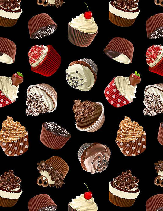 Chocolate Lover Tossed Chocolate Cupcakes Black Gail Cadden Timeless Treasures Cotton Fabric