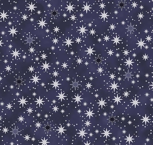 Christmas Is Near Scattered Stars Blue Silver Metallic Stof Blank Quilting Cotton Fabric