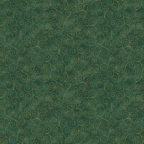 Christmas Is Near Scrolls Green Gold Metallic Stof Blank Quilting Cotton Fabric