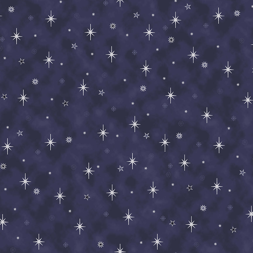 Christmas Is Near Tossed Stars Dark Blue Silver Metallic Stof Blank Quilting Cotton Fabric