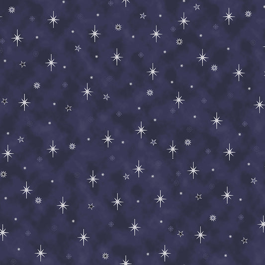 Christmas Is Near Tossed Stars Dark Blue Silver Metallic Stof Blank Quilting Cotton Fabric