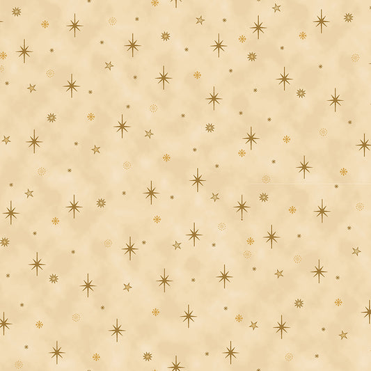 Christmas Is Near Tossed Stars Tan Gold Metallic Stof Blank Quilting Cotton Fabric