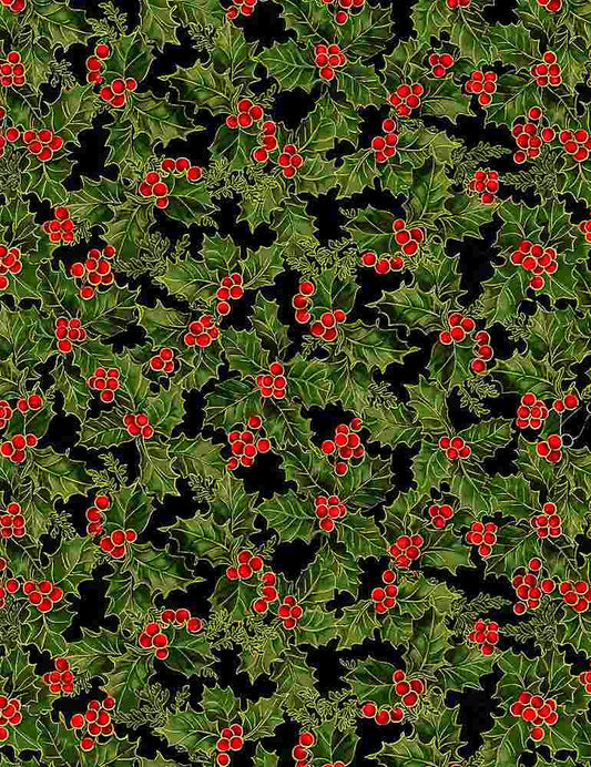 Christmas Joy Holiday Holly Berries and Leaves Metallic Black Timeless Treasures Cotton Fabric