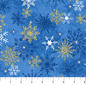 Christmas Joy Metallic Gold Snowflakes Light Blue Tonal Deborah Edwards Linda Ludovico Northcott Cotton Fabric NC