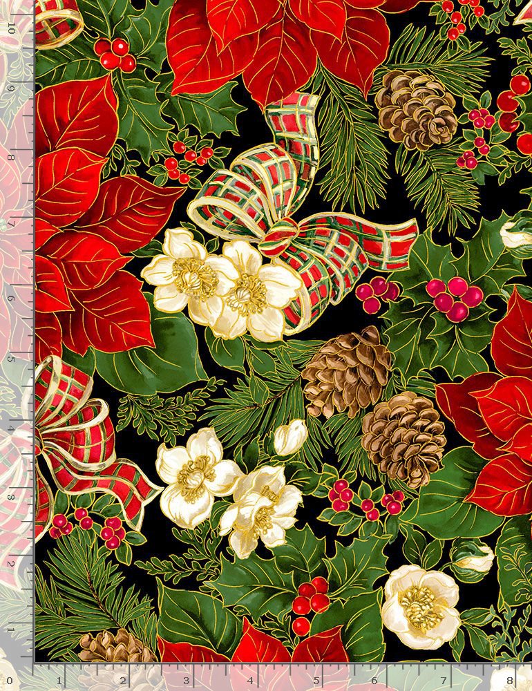 Christmas Joy Metallic Packed Poinsettia Bouquets Black Timeless Treasures Cotton Fabric