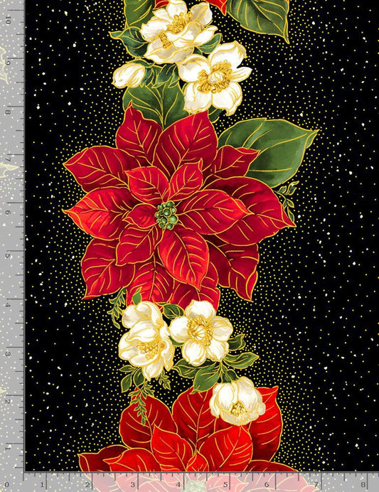 Christmas Joy Metallic Poinsettia and Holly Stripe 11" Black Timeless Treasures Cotton Fabric