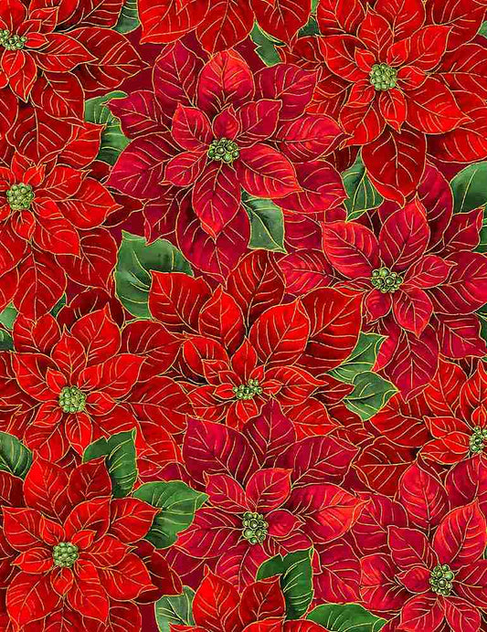 Christmas Joy Packed Metallic Poinsettias Red Timeless Treasures Cotton Fabric