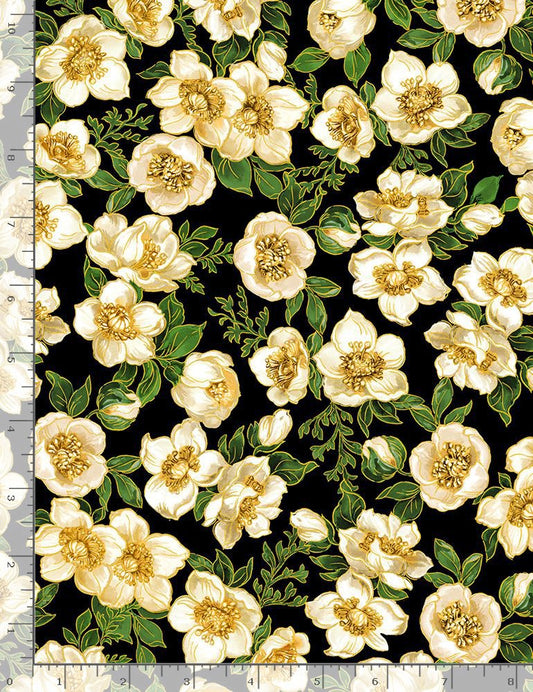 Christmas Joy White Hellebore Blooms Metallic Black Timeless Treasures Cotton Fabric