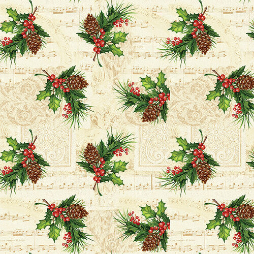 Christmas Legend Holly Leaf and Berry Cream Bruce Park Henry Glass Cotton Fabric