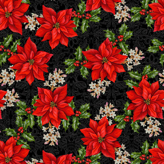 Christmas Legend II Poinsettia Small Black Bruce Park Henry Glass Cotton Fabric