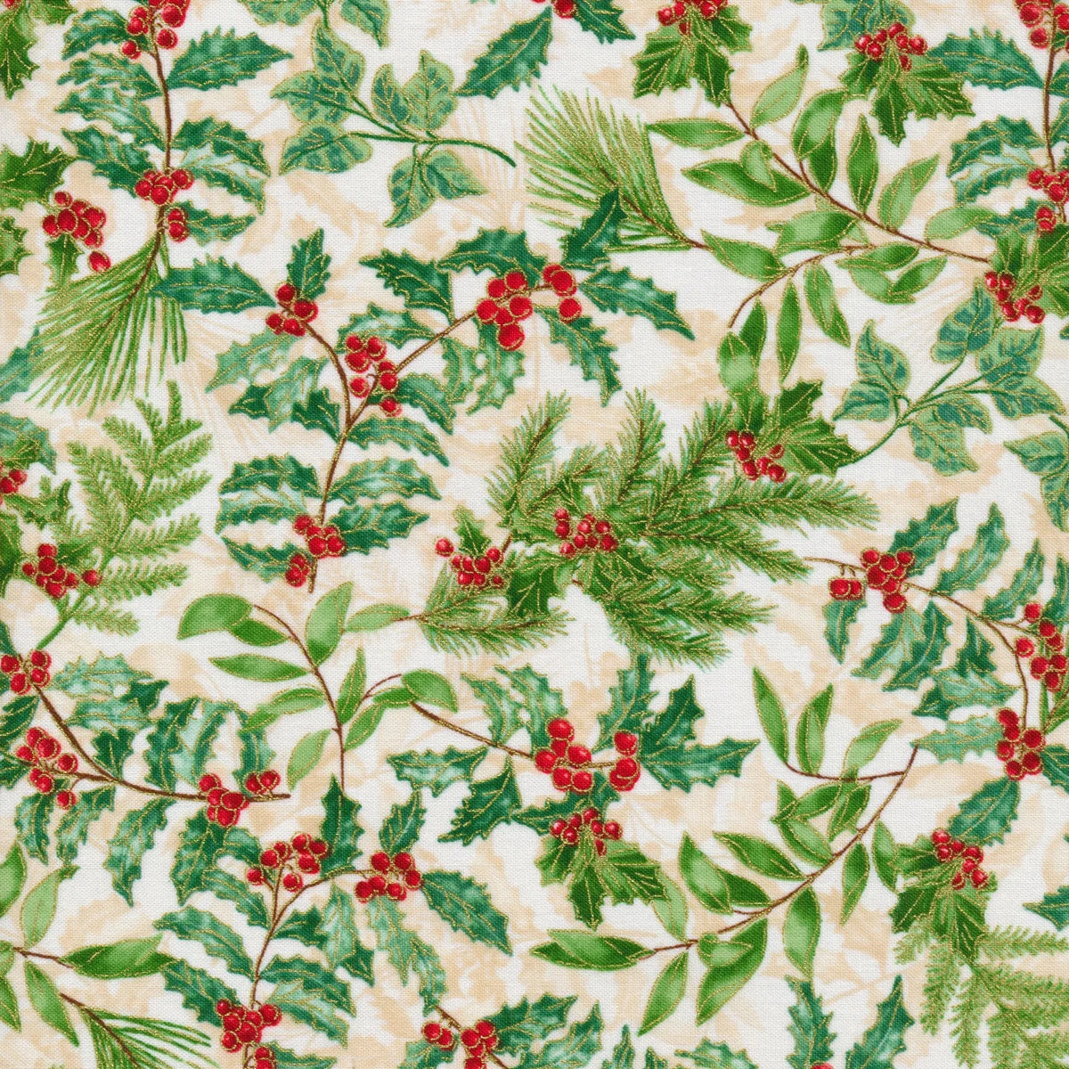 Christmas Musical Holly & Berries Floral Metallic Cream Kanvas Studio Benartex Cotton Fabric