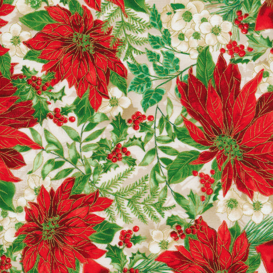 Christmas Musical Poinsettia Serenade Floral Metallic Cream Kanvas Studio Benartex Cotton Fabric