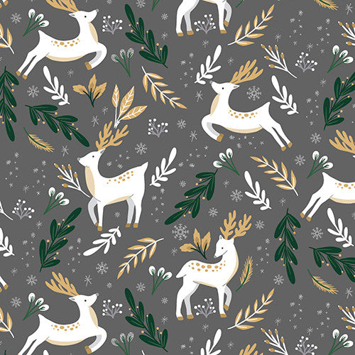 Christmas Shine Bouncing Reindeer Gray Silver Glitter Louise Allen 3 Wishes Cotton Fabric