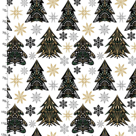 Christmas Shine Fancy Trees Silver Glitter White Louise Allen 3 Wishes Cotton Fabric