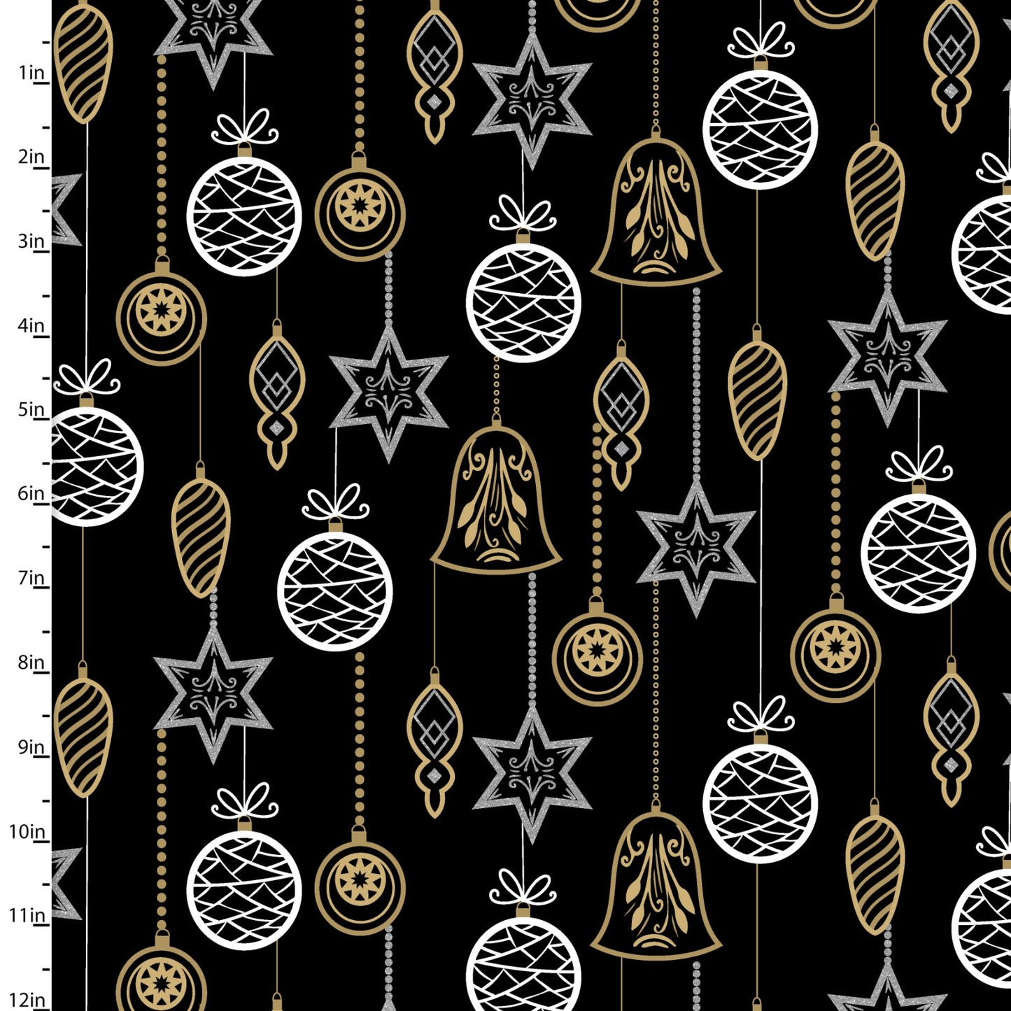 Christmas Shine Hanging Ornaments Silver Glitter Black Louise Allen 3 Wishes Cotton Fabric