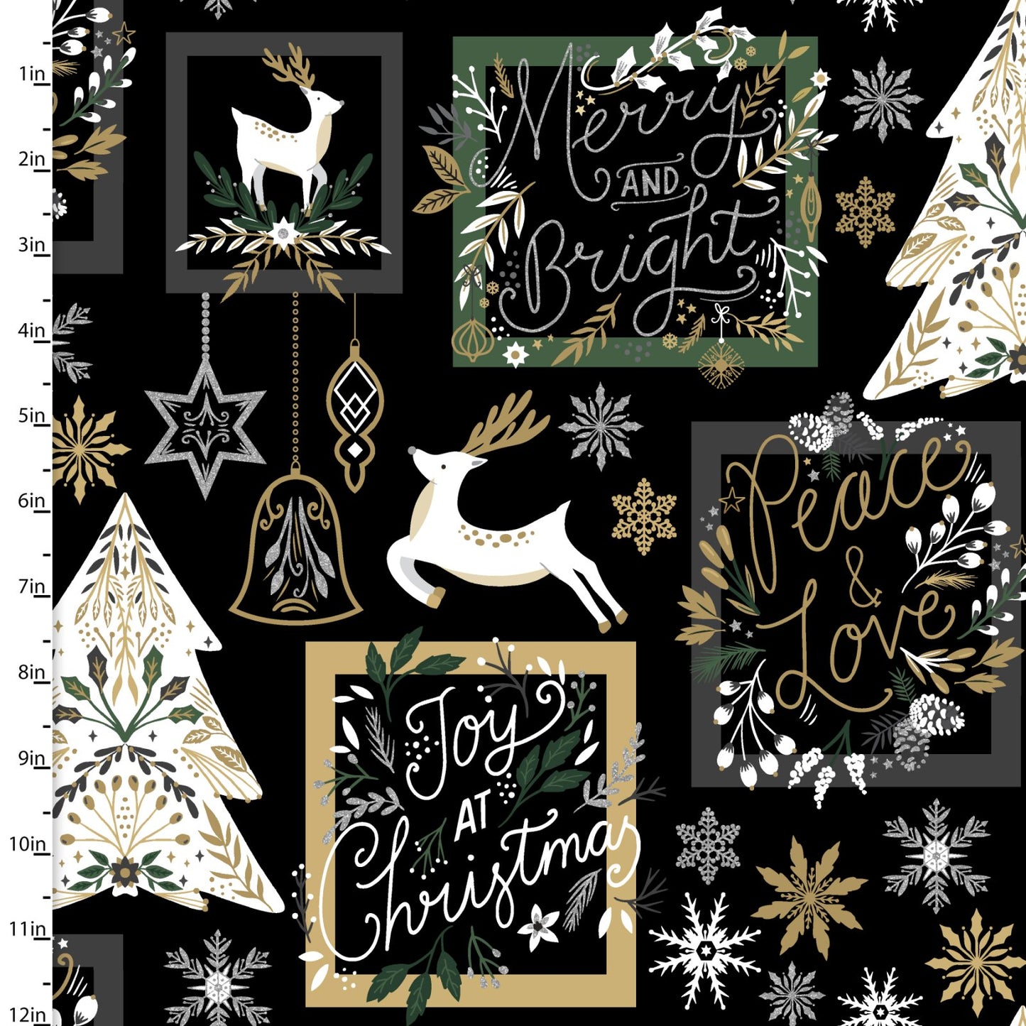 Christmas Shine Patch Silver Glitter Black Louise Allen 3 Wishes Cotton Fabric