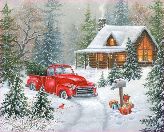 Christmas Tree Cabin Red Pickup Truck Panel 36" David Textiles Cotton Fabric