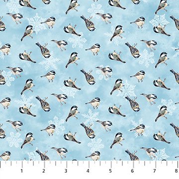 Christmas Woodland Chickadee Toss Light Blue Kathryn Christensen Northcott Cotton Fabric