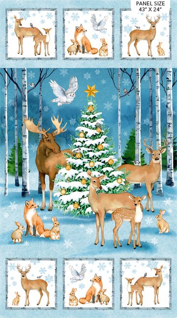 Christmas Woodland Winter Scenic Deer and Christmas Tree Panel 28 x 44  Kathryn Christensen Northcott Cotton Fabric